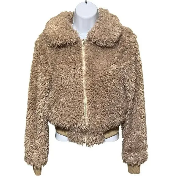 Princess Polly Teddy Cropped Jacket Lined Size 8 Faux Fur Tan Ski Contemporary - Picture 2 of 9